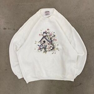 Vintage Oneita Floral Flowers Bird Birdhouse 90s Crewneck Size XL